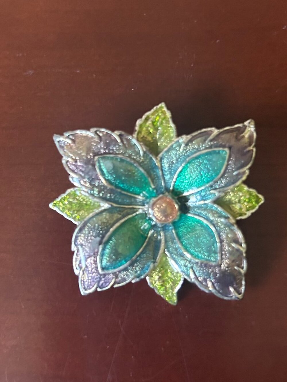 Vintage Signed Bancraft Flower Brooch • Mid-Century Stained Glass Teal Foil Star
